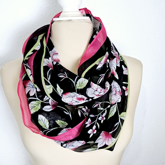 J. Jill Wearever Collection Floral Silk Infinity Scarf in Black and Pink - Picture 1 of 5